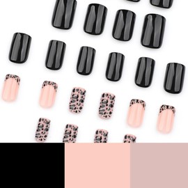 KQueenest Black French Tip Press on Nails Medium Square Fake Nails with Leopard Print Designs Glossy Nude Glue on Nails Cheetah Nails Acrylic Stick on Nails for Coquette Women 24 Pcs