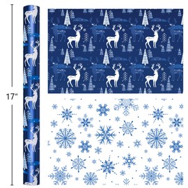 Flyhill Reversible Blue Christmas Wrapping Paper Roll- 17 Inch X 33 Feet - Metallic Gold Foil Elk and Tree, Holly Berries with Merry Wrap Paper for Holiday, Party,Celebration, New Year