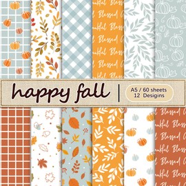 Whaline 60 Pcs Fall Pattern Paper Autumn Leaves Pumpkin Plaid Waves Craft Paper Orange Blue Origami Double Sided A5 Paper For Holiday Thanksgiving Harvest DIY Card Making Scrapbook Photo Album Decor