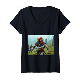 Womens Proud Highlander stands defiant over misty Scottish hills V-Neck T-Shirt