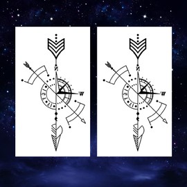Oottati Small Cute Temporary Tattoo Sticker Set of 2 - Minimalist Geometric Arrow Line Compass Designs for Hand Neck Face Wrist, Waterproof Fake Body Art, Simple & Modern Unisex Skin Decals