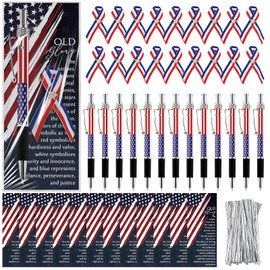 Sayglossy 50 Set 4th of July Pens Bulk Patriotic American Flag Ballpoint Pens USA Lapel Ribbon Pins Independence Day Flag Military Gifts with Bookmarks for Veteran Souvenirs Church Party Favors
