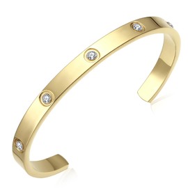 Generic BOLAGTIER Gold Plated Bracelet with Cubic Zirconia Stones Stainless Steel Bangle Minimalist Cuff Love Charm Bracelets for Women Teen Girls (C-Gold-Small), 7in