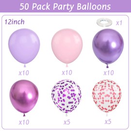 Pink and Purple Balloons,50Pcs 12 Inch Purple Pink Confetti Balloons, Metallic Purple Pink with Ribbon for Girls Women Birthday Baby Shower Wedding Party Decorations