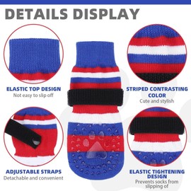 KOOLTAIL Anti Slip Dog Socks for Cold Pavement to Prevent Licking Paws with Grippers, 3 Pairs Paw Protector, Double Sides Stripe Dog Shoes Toe Grips for Small Medium Large Senior Dogs Red & Blue M
