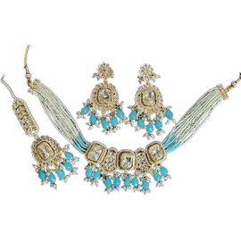 Kundan Polki Jewellery Set (Teal Blue)