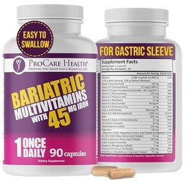 ProCare Health Bariatric Multivitamin with Iron 45mg (90 Easy to Swallow Capsules) - Post Op Bariatric Vitamins for Gastric Bypass Pills for Sleeve Patients, Sustain Recovery & Energy (3 Month Supply)