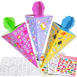 Sibling School Cone, Pack of 3 Foldable Sugar Bags for Filling, 32 cm for First Day of School, Small School Cone with Foam Rubber Stickers, DIY Gift Packaging for Children, School Introduction Party