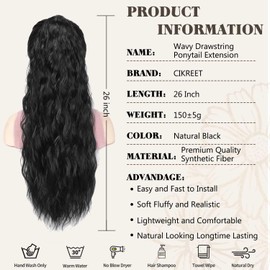 Wavy Curly Ponytail Extension for Black Women Drawstring Ponytail Pony Tails Hair Extensions Ponytail 26 Inch Long Natural Black Hair Ponytail Extension Clip in Synthetic Fake Ponytail Hair Extensions