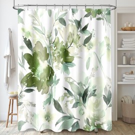 MAYZUS Olive Green Shower Curtain 60x72, Watercolor Black Floral Shower Curtain for Bathroom, Modern Abstract Flower Decorative Fabric Shower Curtain Set with Hooks