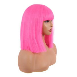 MapofBeauty 12 Inch/30 cm Straight Bob Flat Bangs Short Colorful Synthetic Hair Cosplay Party Wig (Neon Pink)