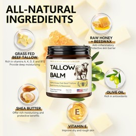 Veakoo Beef Tallow for Skin, Organic Whipped Tallow and Honey Balm, Grass Fed Beef Tallow Face Moisturizer, Natural Tallow Skin Care Cream Body Butter, Nourish and Soothe Dry Skin