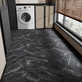 VaryPaper 10 Pack 12''x12'' Black Marble Peel and Stick Floor Tile Waterproof Vinyl Flooring Self Adhesive Vinyl Floor Tiles for Bathroom Kitchen Flooring Stickers Removable Sticky Tiles
