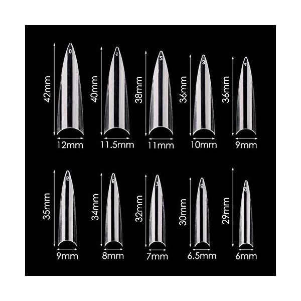 Mwoot 600 Pieces Long Stiletto Nail Tips, Sharp Ending Artificial Fake Fingernails Nail Tips for DIY Nail Salons, 10 Sizes (Clear)
