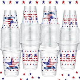 Mumufy 100 Pcs 12 oz 4th of July Plastic Cup Clear Patriotic Cup Memorial Day Party Supply Red White and Blue Party Favor Disposable Cup Drinking Cup for Independence Day Liquor (Star, USA)