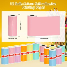 SZMILAIDUO 12 Rolls Thermal Sticker Paper for Mini Printer,Self-Adhesive Paper 57 * 25mm,Colored Clear Printing Paper for Pocket Inkless Portable Bluetooth Printer Gift to Print Photo,Note,Study,DIY