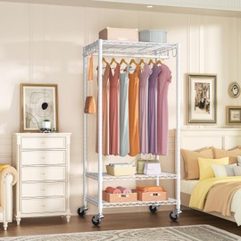 FUTASSI P6 Mini Rolling Clothes Rack Heavy Duty, Clothing Racks for Hanging Clothes, Freestanding Garment Rack with Wheels, Portable Closet Rack Max Load 360LBS, 23.6''W x 14''D x 74.6''H, White