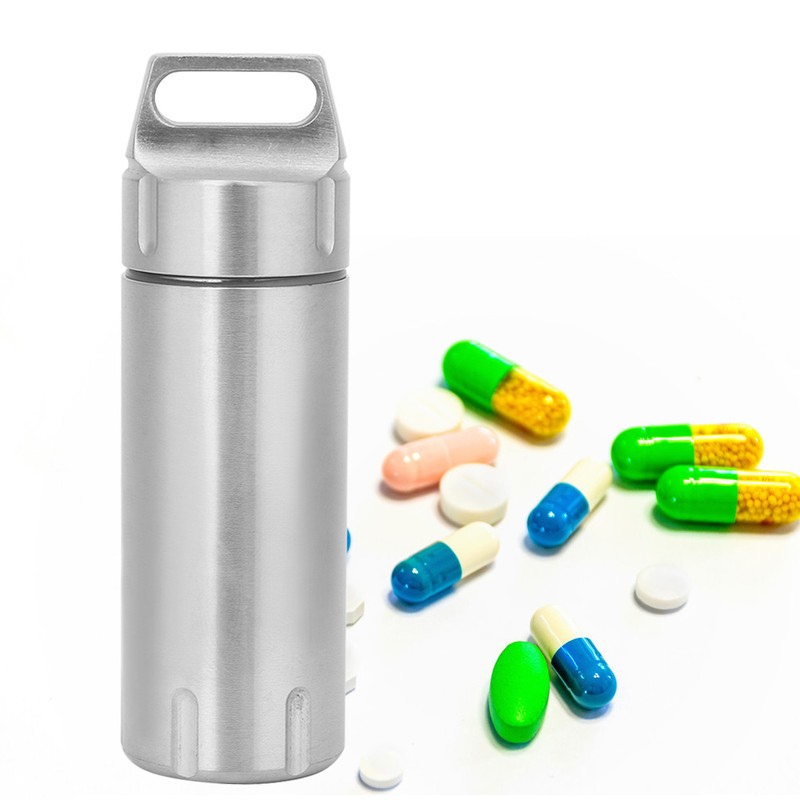 Portable Waterproof Stainless Steel Pills Case Container Bottle Keychain for