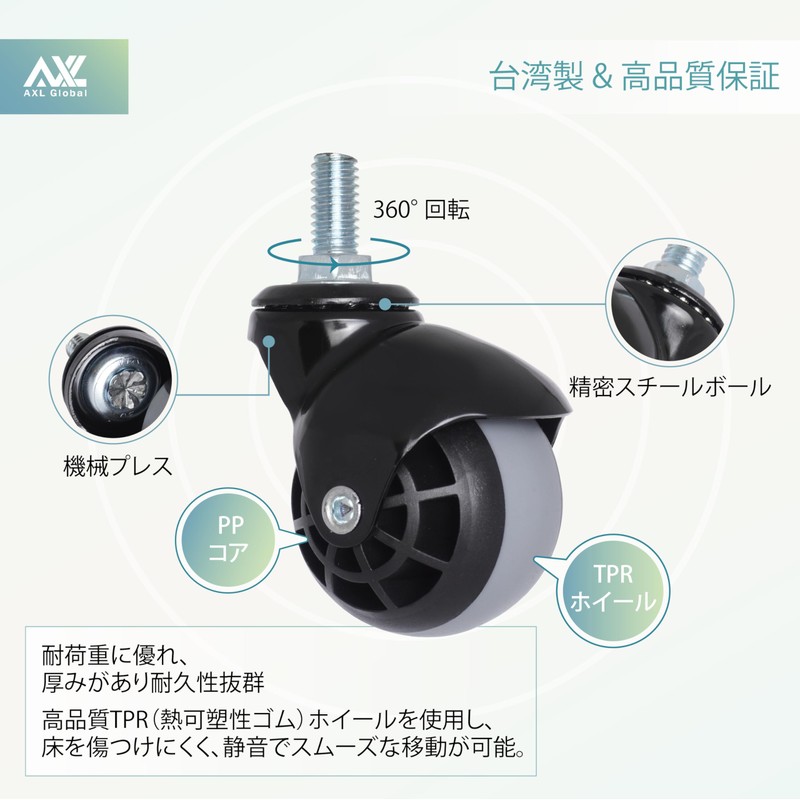 AXL 3/8 Thread Stem Casters, 50mm Ball Wheel Heavy Duty
