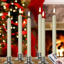 Set of 6 Flameless Windows Candles- Ivory Wax .with 6 Sliver Candlesticks .10 Inch, Flickering Battery Operated LED Candle Window Lights, Window Candles with Remote Control- Romance Dinner Candle