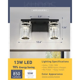 kudos 2-Light Bathroom Light Fixtures, Crystal Vanity Light, Black Bathroom Vanity Light, Modern Led Wall Light for Bathroom, 3000K/4000K/5000K Adjustable, KDVL08-BK-2
