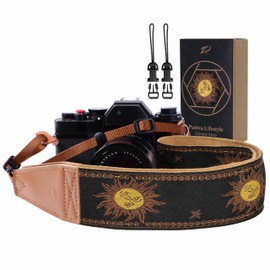 Padwa Lifestyle Sun God Camera Strap - 2" Full Grain Leather Ends, Vintage Sun Face Camera Straps for Photographers, Soft Chamois Velvet Padded Strap Quick Release fits All Cameras