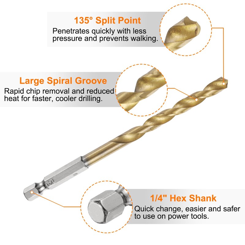 HARFINGTON 1/4" Hex Shank Twist Drill Bits 6mm Titanium Coated
