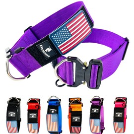 Tactical Dog Collar 2 Inch Wide Thick Heavy Duty Military Style with Metal Buckle, Adjustable for Medium - Large Breeds, Durable K9 Training Gear with Patch Area, USA Flag Patch, Strong and Secure Fit