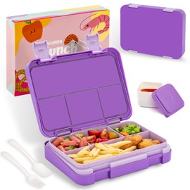 QCQHDU Children's Lunch Box with 5 Compartments - Lunch Box with Dividers, 1300 ml Bento Box for School, Nursery, Outdoor, Leak-Proof, Dishwasher Safe, BPA-Free, Lunch Box with Cutlery (Purple)