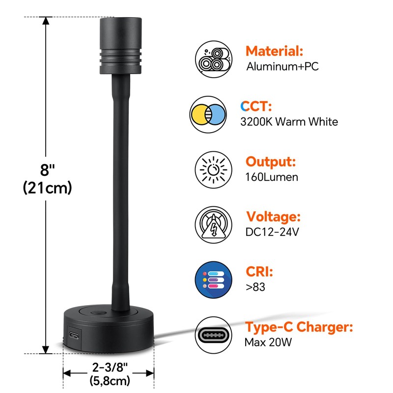 Obeaming 12 V Reading Lamp Caravan Boat Dimmable Bedside Lamp