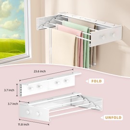 BAKON Wall Mounted Drying Rack with 4 Hooks and Shelf, Foldable Clothes Drying Rack for Laundry Room, Collapsible Laundry Rack Wall Mount, for Indoor Outdoor Hanging Clothes, 23.6 Inch