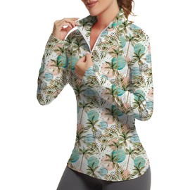 GGOV Golf Shirts for Woman UPF 50+ Sun Protection Quick Dry Lightweight Long Sleeve Polo Shirts for Woman Rash Guard, Xcoconut Tree, X-Large
