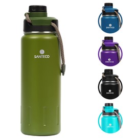 Insulated Water Bottles, Stainless Steel Flask with Lanyard & Wide Mouth Spout Lid, Leak Proof Double Wall Vacuum Drink Bottle, Keep Drinks Hot & Cold for Hiking Camping (Moss Green, 32oz / 950ml)