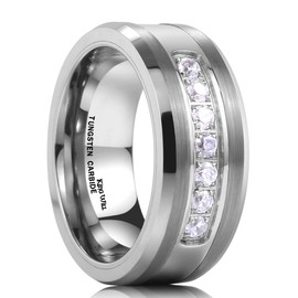 King Will 8mm White Tungsten Ring Unisex Wedding Band Polished Beveled Edge CZ Stone Channel Set(12.5)