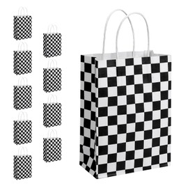 10 Pcs Checkered Racing Treat Bags Race Car Party Favors Bag with Handles Black and White Checkered Racing Flag Candy Bags Goodie Bags for Race Car Themed Birthday Party Supplies