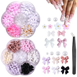 Nail Art Charms 2 Boxes Charms Nails Nail Charms Bows for Nails 3D Three-Dimensional Bow Nail Art Decoration Resin Flowers Gemstone Nail Decoration Accessories (with Tweezers)