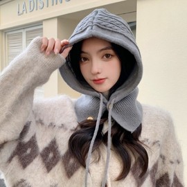 Knit Balaclava Hooded Scarf with Neck Warmer & Earflaps for Winter Warmth lf2722 One Size Purple Plank 4ea