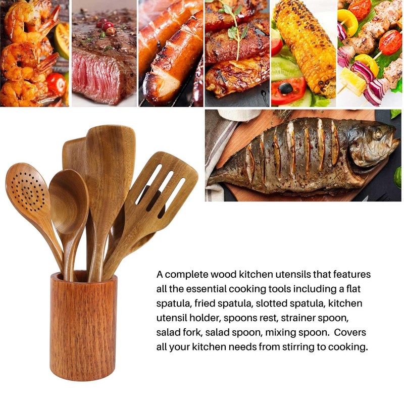 Oidnvay 9 PCS Wooden Spoons for Cooking, Utensils With Holder,