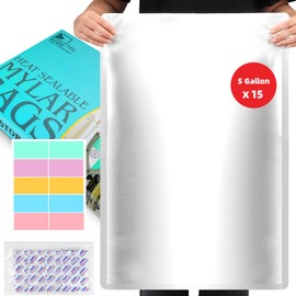 15PCS 5 Gallon Mylar Bags with 2500CC Oxygen Absorbers & Labels, 10.5 Mil Thick 17"x 27" Vacuum Sealer Bags Heat Sealable Bag for Long Term Food Storage