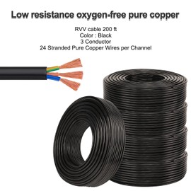 200ft 18 Gauge Electric Wire 18AWG Extension Cable Wire 3 Conductor Copper Wire with Ground 3 Core Blackwire RVV 0.75mm² Cord (300/500V)