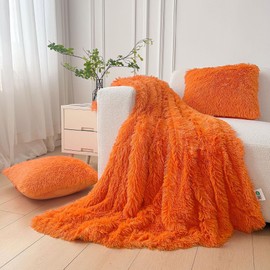 XeGe 3 Pieces Soft Faux Fur Throw Blanket Set, Decoration Fluffy Furry Blanket 50x60, Fall Shaggy Plush Fuzzy Blanket with Set of 2 Throw Pillow Covers 18x18 for Bed Couch Sofa Living Room, Orange