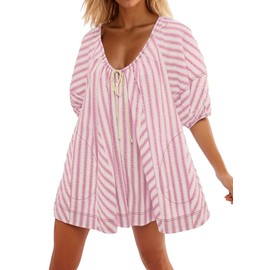 RONGCAT Women Striped Summer Dress with Pockets Casual Loose Puff 3/4 Sleeve Mini Dress Adjustable V Neck Oversized Beach Short Dresses(Pink and White,L)