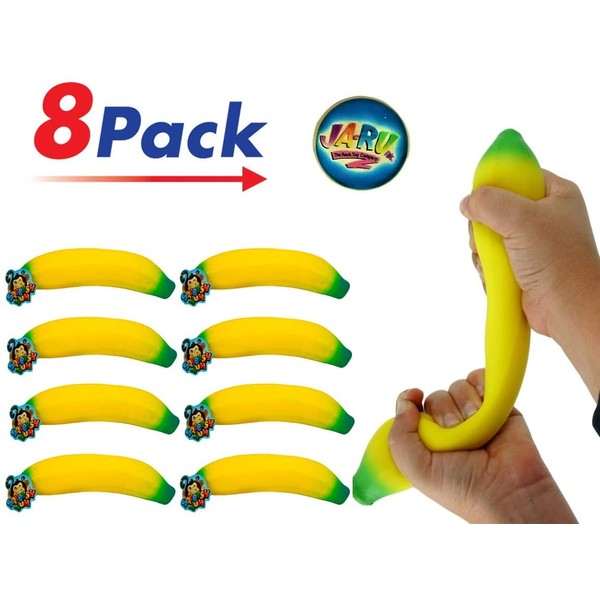 JA-RU Stretchy Banana Squishy Toys (8 Units) Anxiety Stress Relief Toys | Sensory Toys for Autistic Children Kids and Fidget Stress Toys for Adults. Great Party Favor Supply. Plus 1 Ball. 3340-8p