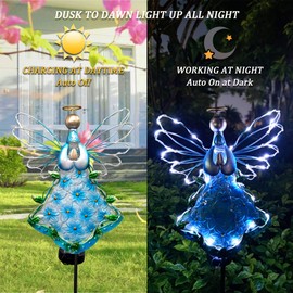 COOZZYHOUR 38Inch Angel Solar Garden Lights Outdoor Decorative-Metal&Glass Angel Hydrangea Flower Garden Stake Lights- Waterproof 30 Warm White LED for Remembrance & Sympathy Gifts（Blue）