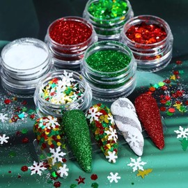 Christmas Nail Art Glitters Sequins, Winter Red Green Nail Art Flakes 3D Holographic White Snowflake Nail Decals Sparkly Christmas Nail Art Designs Winter Nail Art Decorations Accessories for Women