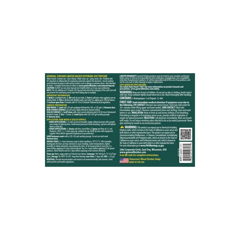 General Finishes Exterior 450 Water Based Topcoat, 1 Quart, Satin