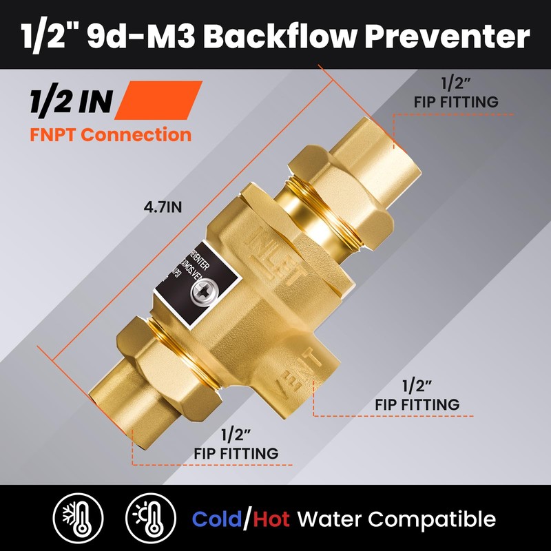 1/2" 9D-M3 Backflow Preventer, Brass Dual Check Valve with Intermediate