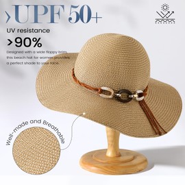 Beach Sun Straw Hats for Women, UPF 50+ UV Sun Protection Wide Brim Summer Straw Hat Foldable Packable Roll up Cap