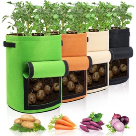 Homyhoo Homyhoo 4 Pack Potato Growing Bag with Flap 10 Gallon Planter Pots with Handles and Harvest Window for Potato Tomato and Vegetables, Black Green Orange and Beige