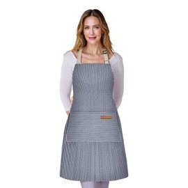 Thougthings Striped Apron, Cooking Aprons for Men and Women, Adjustable Aprons with 2 Large Pockets, Perfect for Chefs, Kitchen, Cafés, Grills, blue, M